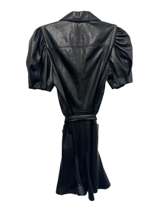 Alice + Olivia Size 0 Black PU Leather Button Front Puff Sleeve Tie Belt Dress Black / 0