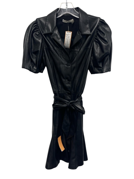 Alice + Olivia Size 0 Black PU Leather Button Front Puff Sleeve Tie Belt Dress Black / 0