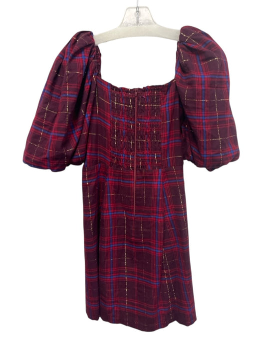 Koch Size 40 Red, Blue & Mulit Cotton Blend Plaid Puff Sleeve Mini Dress Red, Blue & Mulit / 40