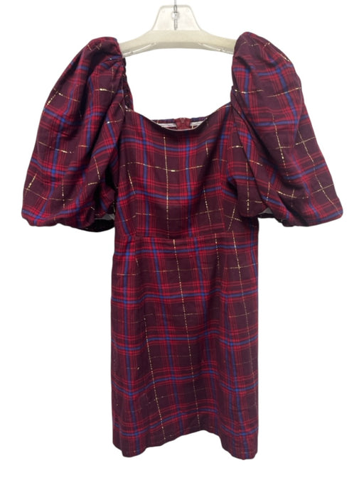 Koch Size 40 Red, Blue & Mulit Cotton Blend Plaid Puff Sleeve Mini Dress Red, Blue & Mulit / 40
