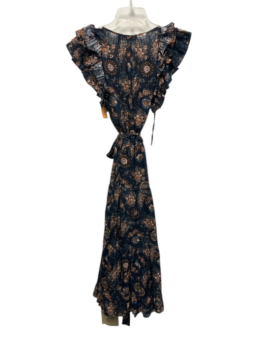 Ulla Johnson Size 8 Blue Multi Cotton Blend Maxi Floral Tie Belt V Neck Dress Blue Multi / 8