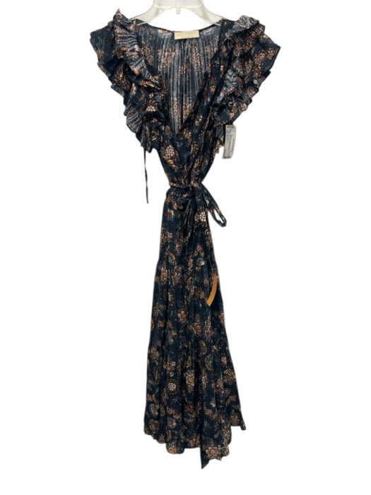 Ulla Johnson Size 8 Blue Multi Cotton Blend Maxi Floral Tie Belt V Neck Dress Blue Multi / 8