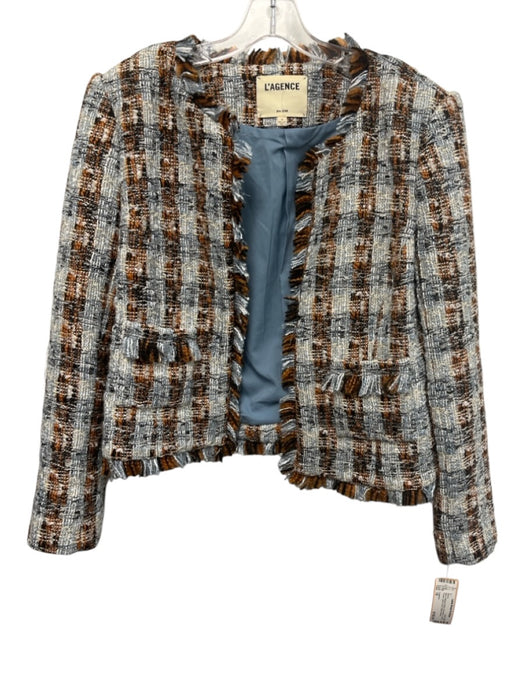 L'agence Size 10 Blue, Orange & Multi Poly Blend Tweed Frayed Open Front Blazer Blue, Orange & Multi / 10
