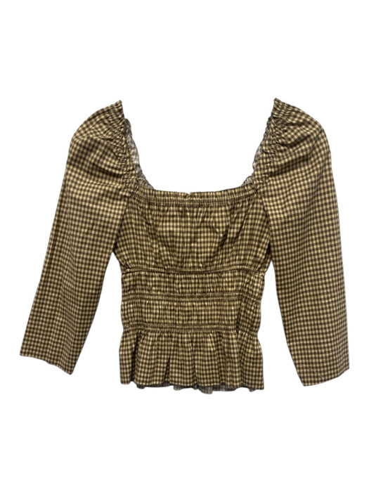 Reformation Size 2 Yellow & Brown Cotton Blend Gingham Puff Sleeve Top Yellow & Brown / 2