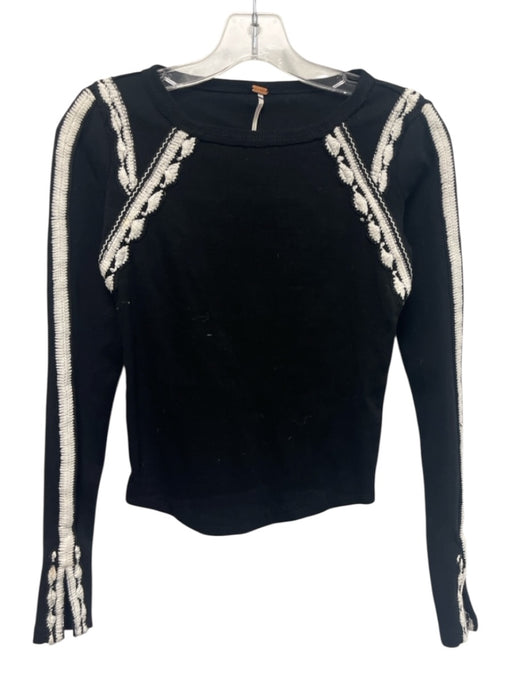 Free People Size XS Black & White Cotton Blend Wide Neck Long Sleeve Top Black & White / XS