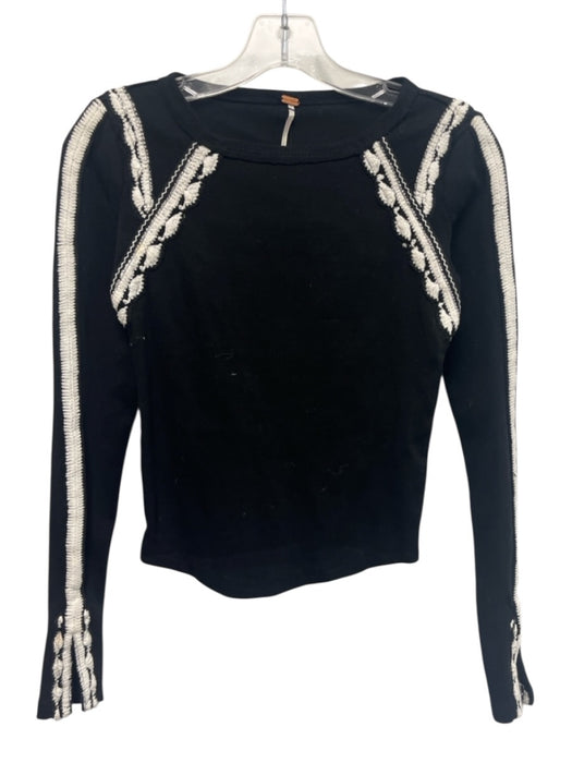 Free People Size XS Black & White Cotton Blend Wide Neck Long Sleeve Top Black & White / XS