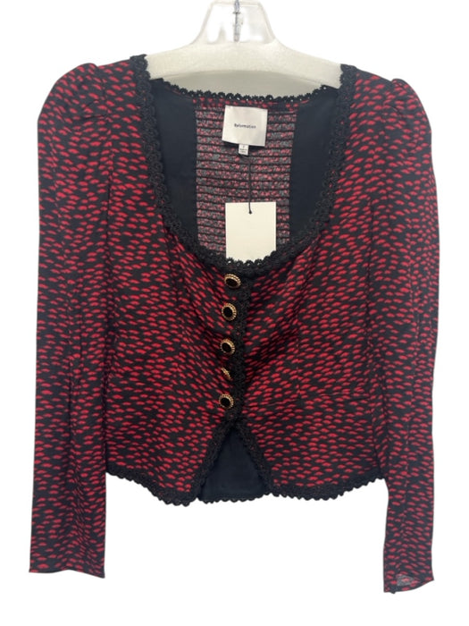 Reformation Size 2 Red & Black Lenzing Blend Wide Neck Printed Long Sleeve Top Red & Black / 2