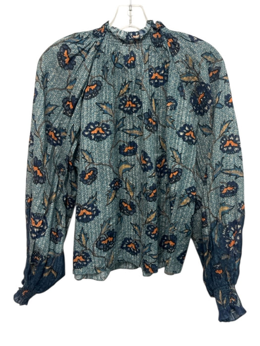 Ulla Johnson Size 6 Blue Multi Cotton Blend Floral V Neck Tie Neck Top Blue Multi / 6