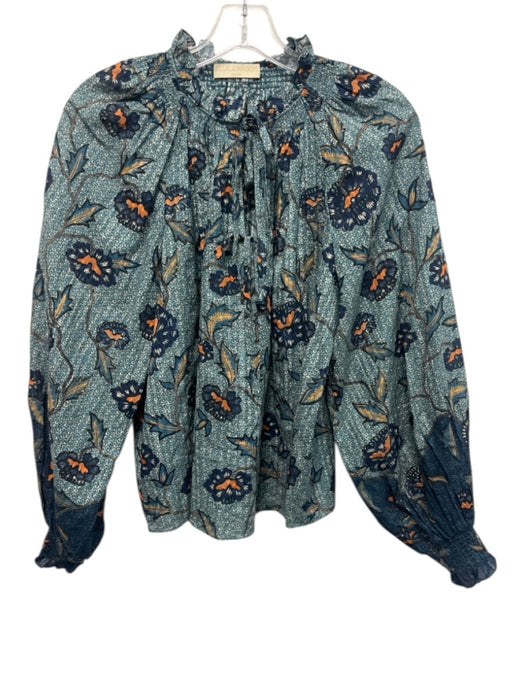 Ulla Johnson Size 6 Blue Multi Cotton Blend Floral V Neck Tie Neck Top Blue Multi / 6