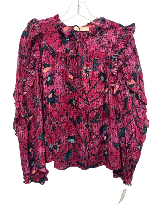 Ulla Johnson Size 10 Pink Multi Cotton Blend Printed V Neck Long Sleeve Top Pink Multi / 10