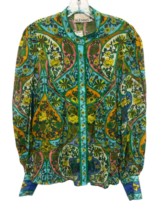 Alemais Size 8 Blue, Green & Multi Ramie V Neck Long Sleeve Printed Top Blue, Green & Multi / 8