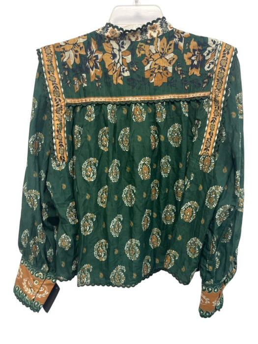 Farm Rio Size M Green, Yellow & White Cotton Floral Paisley Lace Trim Top Green, Yellow & White / M