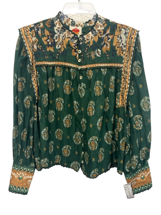 Farm Rio Size M Green, Yellow & White Cotton Floral Paisley Lace Trim Top Green, Yellow & White / M