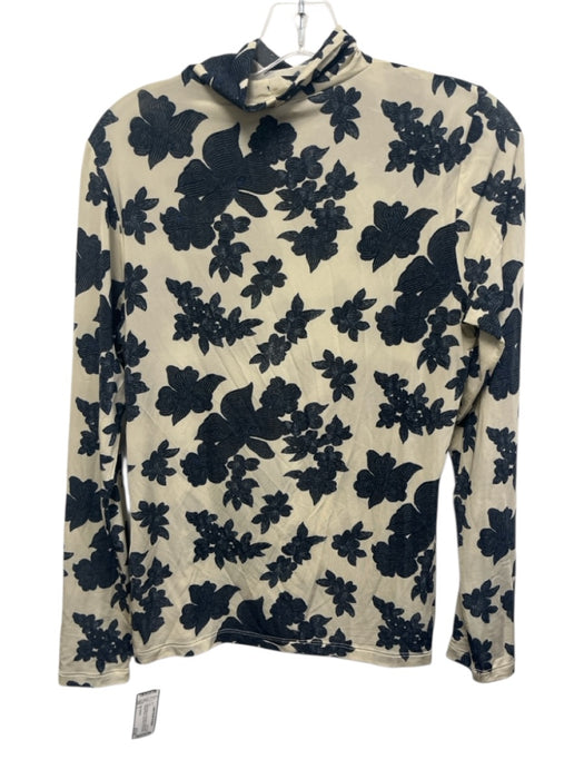 Ulla Johnson Size L Cream Beige & Navy Blue Rayon Blend Abstract Floral Top Cream Beige & Navy Blue / L