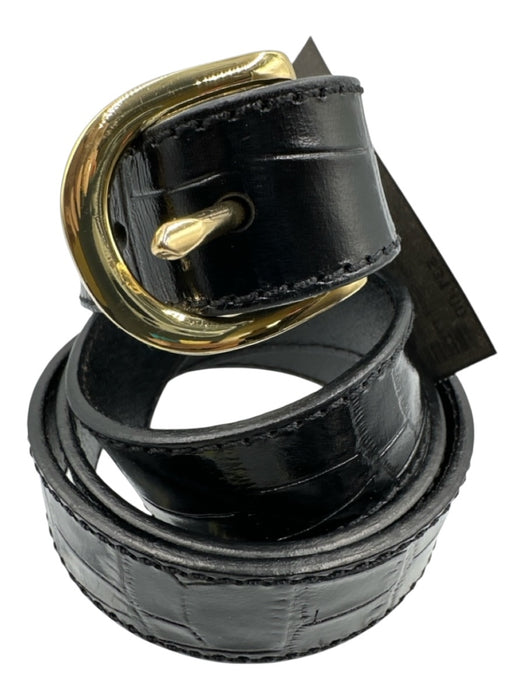 J. Crew Black Leather Croc Embossed Round Buckle Gold Tone Buckle Belts Black / M