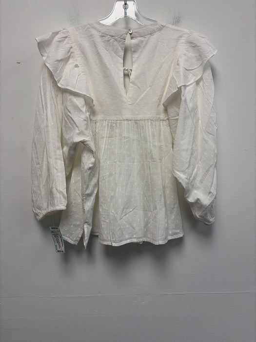Cleobella Size M White Cotton Ruffle Shoulder Swiss Dot Tassel Detail Top