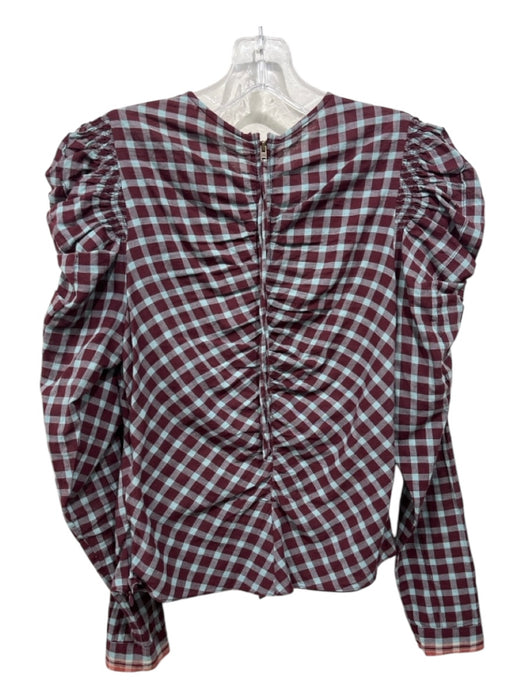 Ulla Johnson Size 0 Burgundy Red & Aqua Blue Cotton Ruched Front Gingham Top Burgundy Red & Aqua Blue / 0