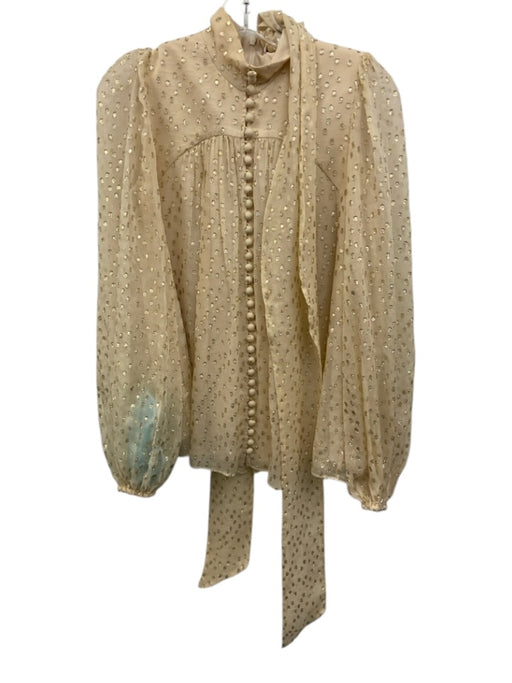 Zimmermann Size 0 Cream & Gold Silk Blend Long Sleeve Swiss Dot Button Front Top Cream & Gold / 0