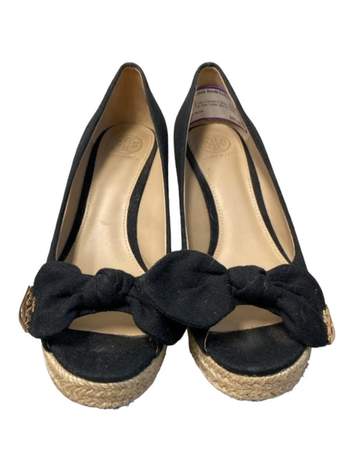 Tory Burch Shoe Size 7 Black & Tan Canvas & Straw Wedge Peep Toe Slip On Shoes Black & Tan / 7