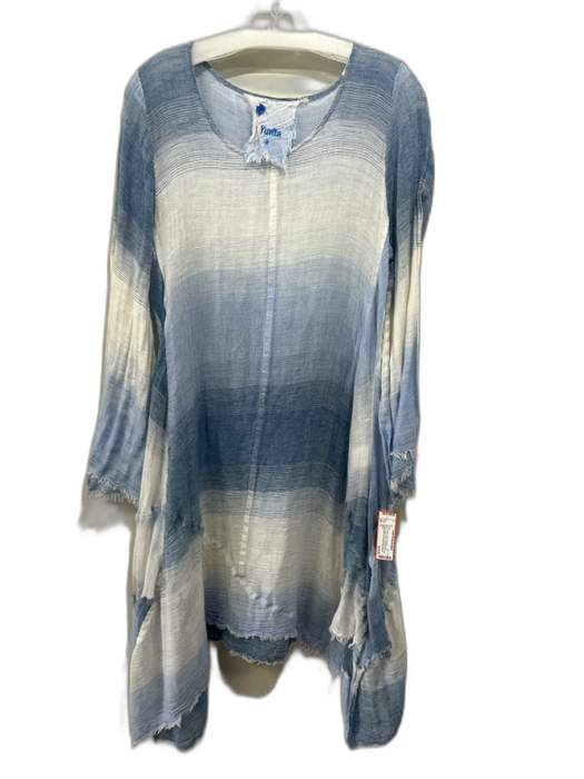 yuvita Size S Blue & White Linen Gradient Long Sleeve Frayed Hem Dress Blue & White / S