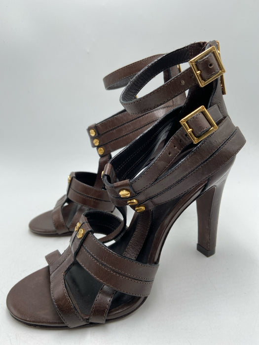 Tory Burch Shoe Size 5 Dark Brown Leather Strappy Gold Hardware Back Zip Pumps