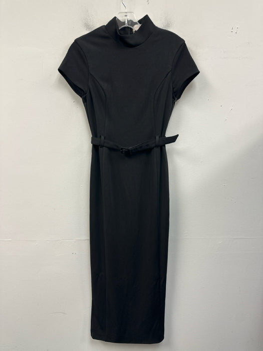 Meshki Size XS Black Polyester Belted Cap Sleeve Mock Neck Midi Dress