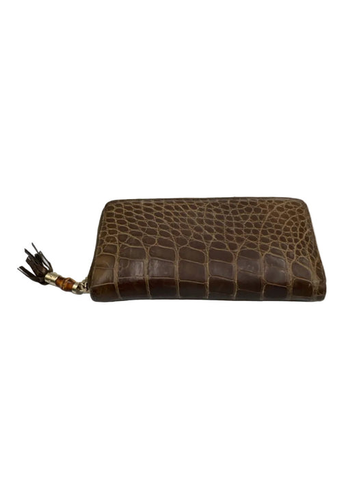 Gucci Brown Leather Croc Embossed Tassel Zip Around Vintage Wallets