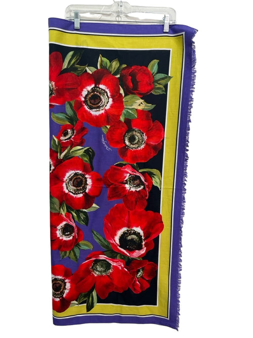 Dolce & Gabbana Red & Purple Cotton Floral Border Fringe hem Sarong scarf Red & Purple