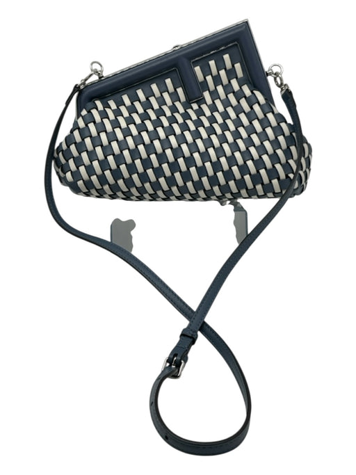 Fendi Blue & White Leather Silver Hardware Woven Crossbody Strap Bag Blue & White / Small