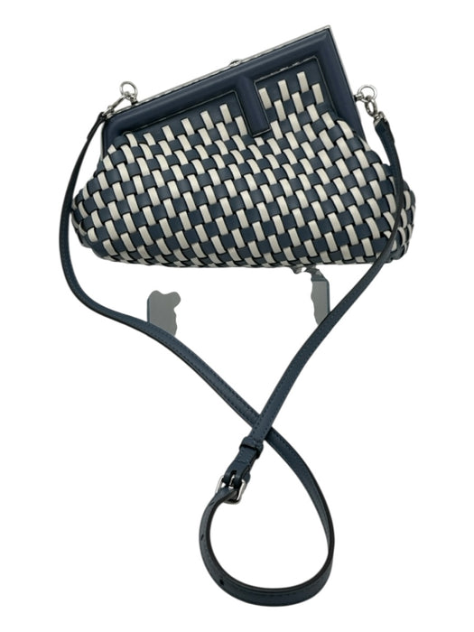 Fendi Blue & White Leather Silver Hardware Woven Crossbody Strap Bag Blue & White / Small