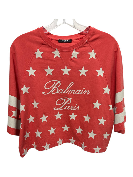 Balmain Size XS Coral Red & White Cotton Short Sleeve graphic Stars Cropped Top Coral Red & White / XS