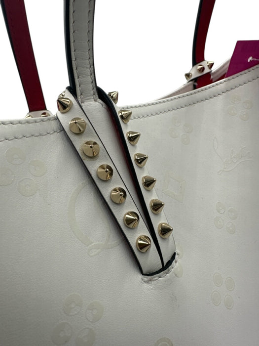 Christian Louboutin White, Cream & Red Leather Monogram Stud Detail Tote Bag White, Cream & Red / Large
