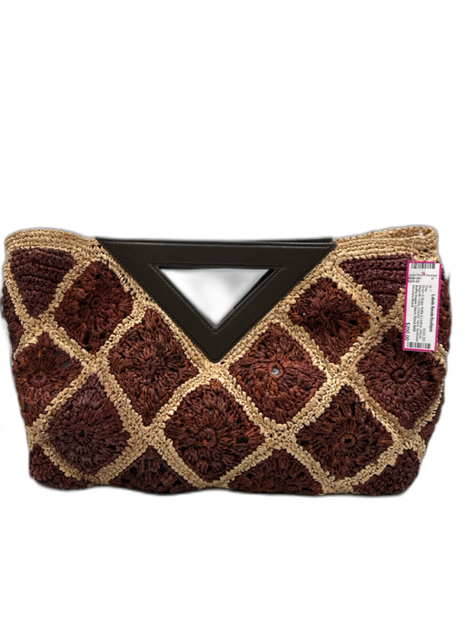 Veronica Beard Brown & Beige Raffia & Leather Woven Magnetic Close Crochet Bag Brown & Beige