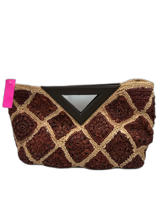 Veronica Beard Brown & Beige Raffia & Leather Woven Magnetic Close Crochet Bag Brown & Beige