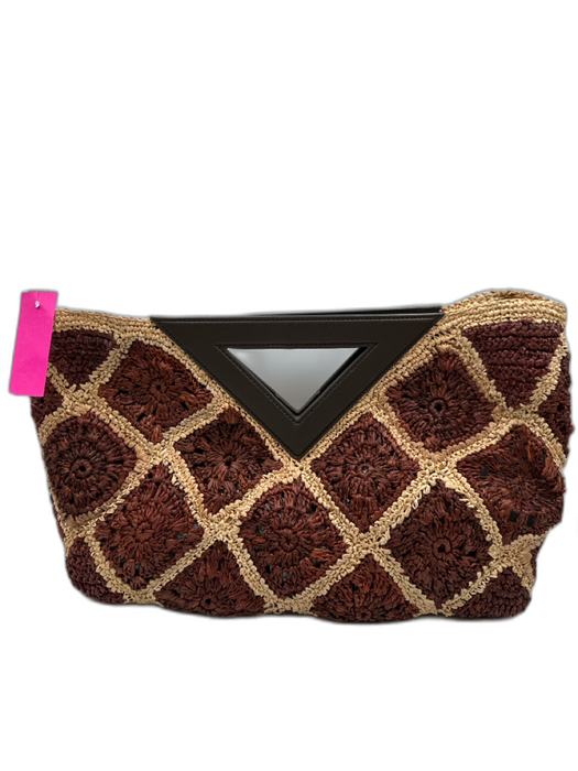 Veronica Beard Brown & Beige Raffia & Leather Woven Magnetic Close Crochet Bag Brown & Beige