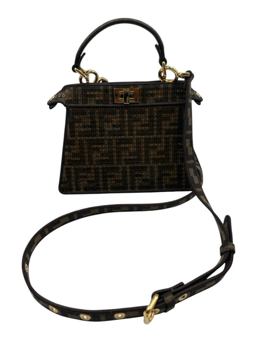 Fendi Brown Canvas Sequin Zucca Monogram Top Handle Crossbody Bag Brown / S