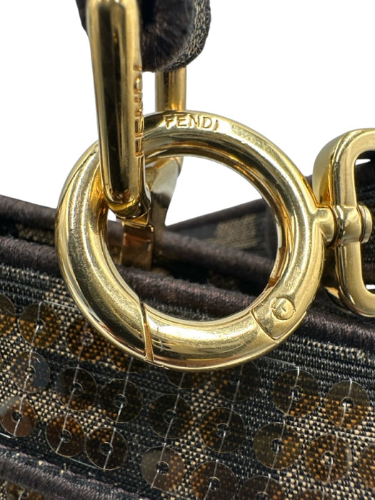 Fendi Brown Canvas Sequin Zucca Monogram Top Handle Crossbody Bag Brown / S