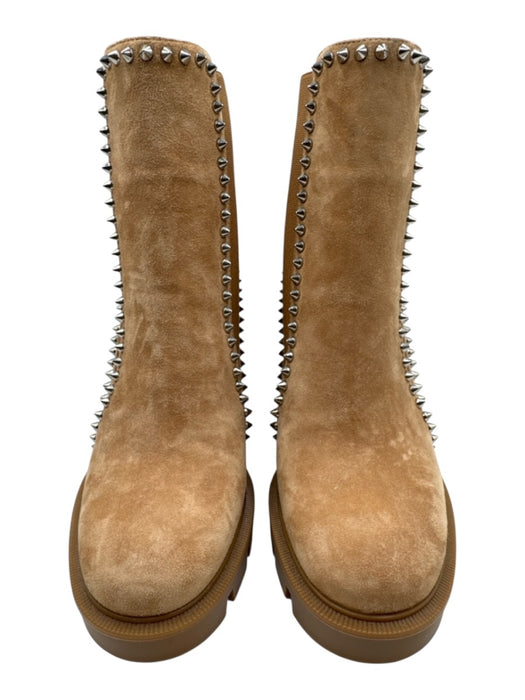 Christian Louboutin Shoe Size 37.5 Tan Brown & Silver Suede Upper Spikes Boots Tan Brown & Silver / 37.5