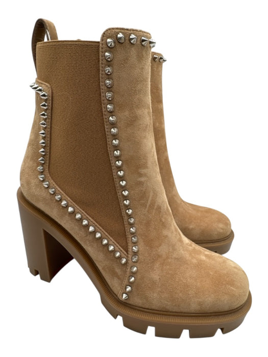 Christian Louboutin Shoe Size 37.5 Tan Brown & Silver Suede Upper Spikes Boots Tan Brown & Silver / 37.5