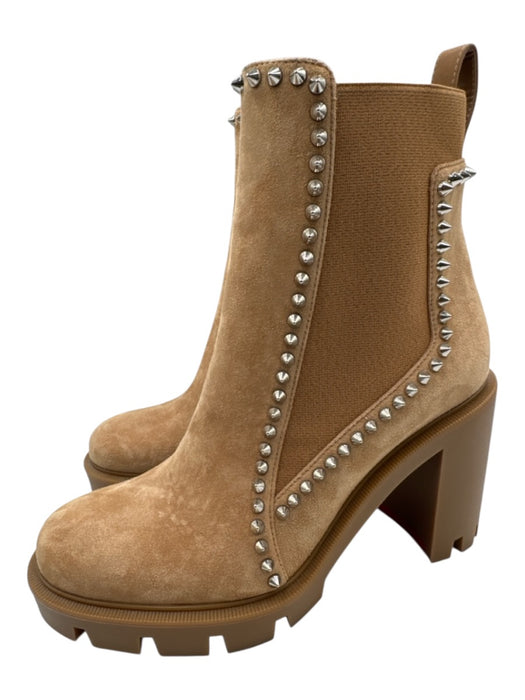 Christian Louboutin Shoe Size 37.5 Tan Brown & Silver Suede Upper Spikes Boots Tan Brown & Silver / 37.5