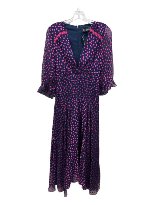 Saloni Size 2 Blue & Magenta Silk & Rayon Surplice V Neck Sheer Detail Dress Blue & Magenta / 2