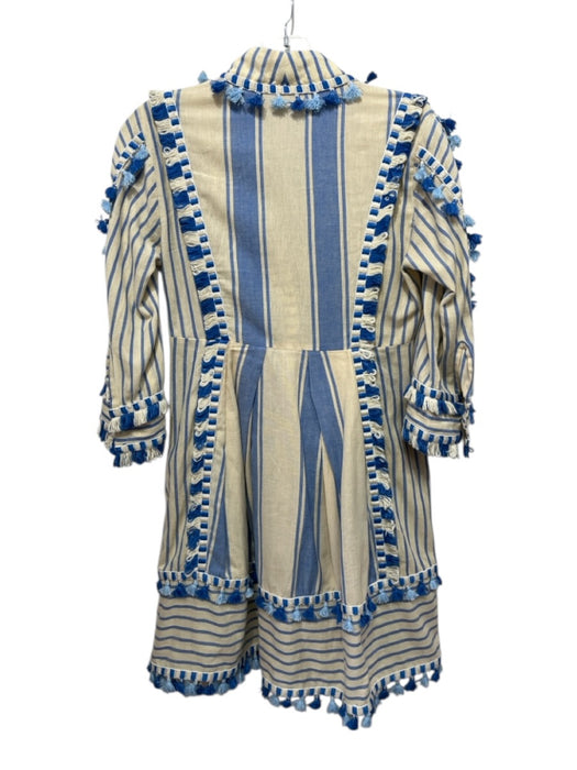 Dodo Bar Or Size S Cream & Blue Cotton Striped Tassels V Neck Tie Front Dress Cream & Blue / S