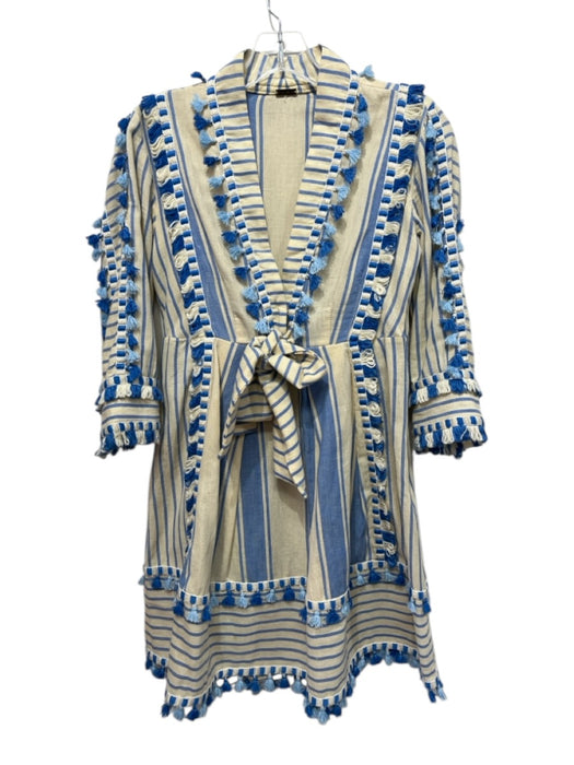 Dodo Bar Or Size S Cream & Blue Cotton Striped Tassels V Neck Tie Front Dress Cream & Blue / S
