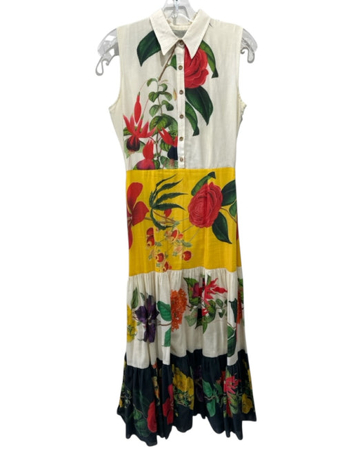 Carolina K Size XS Cream & Multi Cotton Blend floral print 1/4 Button Maxi Dress Cream & Multi / XS