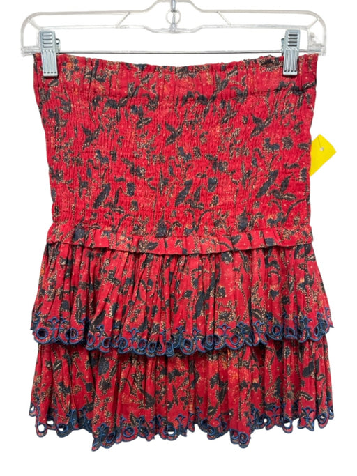 Isabel Etoile Marant Size 34 Red & Multi Cotton Smocked Tiered Skirt Skirt Red & Multi / 34