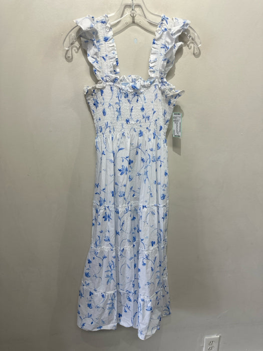 Hill House Size XS White & Blue Cotton Water Color Floral Ruffle Straps Dress