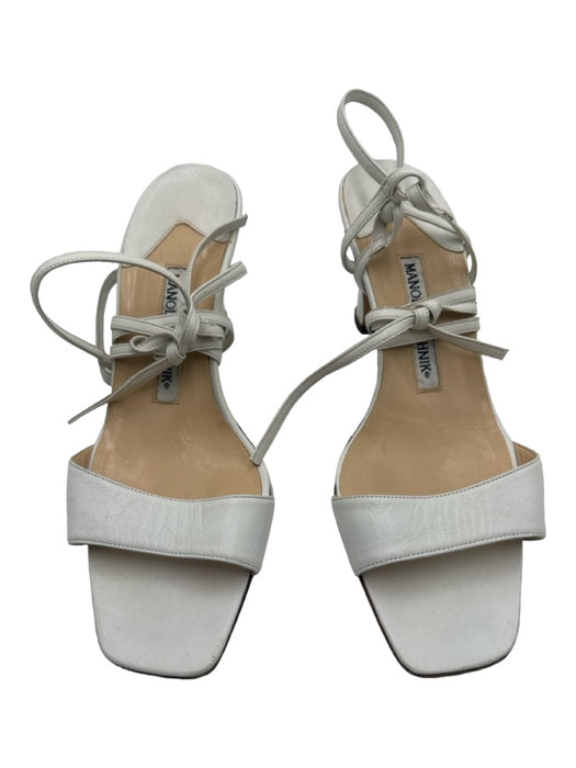 Manolo Blahnik Shoe Size 38 White Leather Wrap ankle Squared Off Toe Sandals White / 38