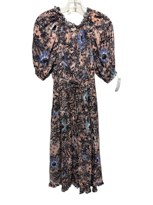 Ulla Johnson Size 4 Beige, Black, Blue Cotton & Viscose Short Puff Sleeve Dress Beige, Black, Blue / 4