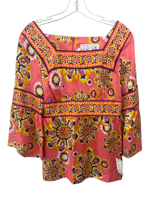 Trina Turk Size 4 Pink, purple & yellow Silk Abstract Floral Square Neck Top Pink, purple & yellow / 4