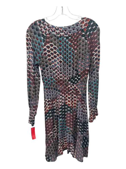 Maeve Size XS Navy, Beige & Multi Rayon & Viscose Long Sleeve V Neck Dress Navy, Beige & Multi / XS